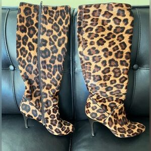 Max de Carlo Hair Calf Leather Leopard Print Heeled Boots